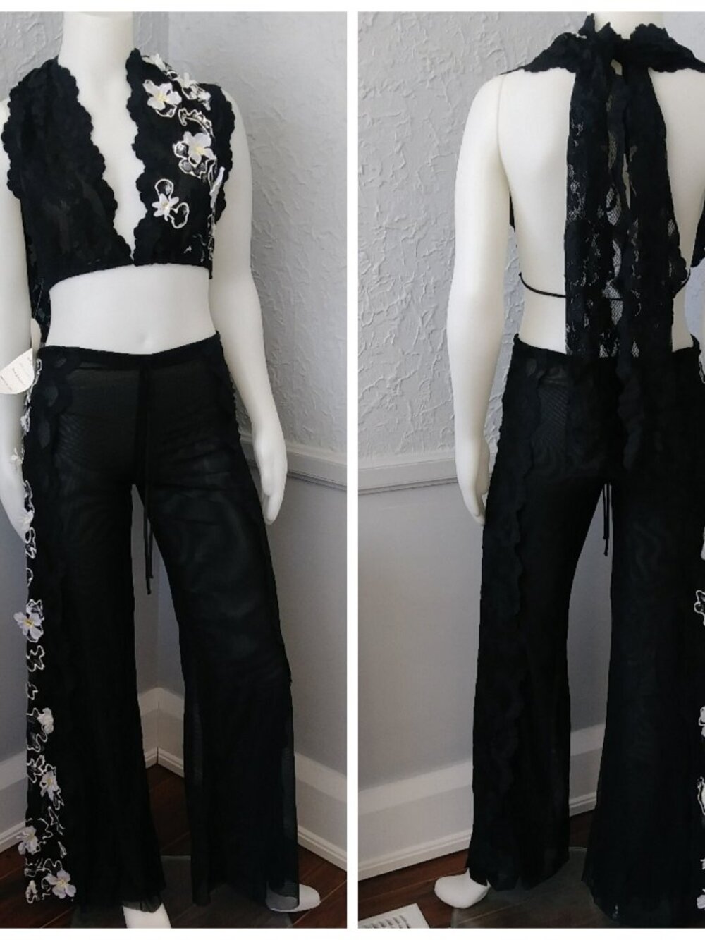 Designer Yvette Bassetti Black Lace and Sheer Top and Pants Set